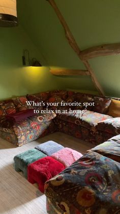 a living room filled with lots of colorful furniture