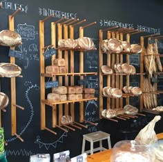 breads and other baked goods are displayed on shelves