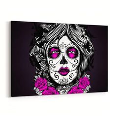 a woman with sugar skull makeup and pink roses on her face canvas wall art print