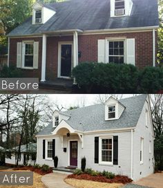 before and after pictures of a white house with black shutters on the front door