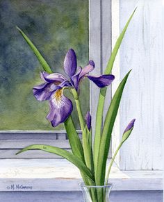 a watercolor painting of purple flowers in a clear vase on a window sill