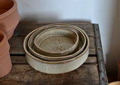 three ceramic bowls sitting on top of a wooden table next to some potted plants