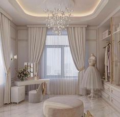 an elegant bedroom with white furniture and chandelier hanging from the ceiling, along with a round ottoman