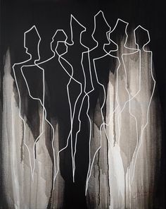 an abstract painting with white lines on black and gray background, depicting three women standing in front of each other