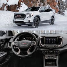 the inside and outside view of a white suv in snow, with mountains behind it