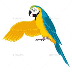 a blue and yellow parrot sitting on top of a branch with its wings spread out