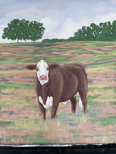 a painting of a cow standing in a field