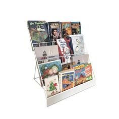 a white magazine rack with many books on it's sides and an image of a man in a suit