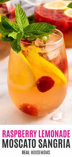 raspberry lemonade moscato sangria in a glass with mint garnish