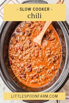 slow cooker chili in a crock pot with text overlay