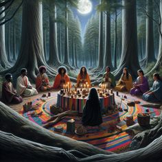 a group of people sitting in the middle of a forest surrounded by candles and trees