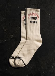 Extra Spicy Mood Personality Foodie Sayings Food Slogan Pun Vintage Crew Socks Socks Photoshoot Ideas, Cool Socks Aesthetic, Merch Socks, Shifting Closet, Socks Ideas, Socks Aesthetic, Funny Clothing, Socks Design, Product Branding