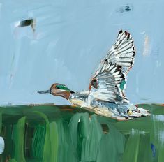 a painting of a duck flying in the air over water with green grass and blue sky behind it