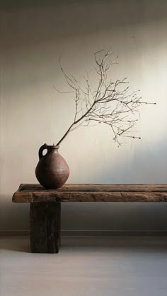 a vase sitting on top of a wooden bench next to a tree branch with no leaves