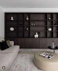 a living room filled with furniture and a large book shelf on the wall behind it