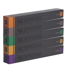 four black and orange boxes are stacked on top of each other, with the words nepressso printed on them