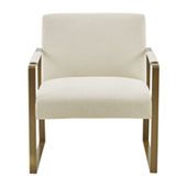 a white chair with gold legs and arm rests on a white background in front of the camera