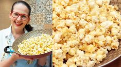 a woman holding a bowl full of popcorn next to a photo of the same dish