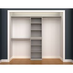 an empty white closet with shelves and drawers