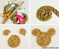 three pictures show how to make mickey mouse ears out of rope and scissors, along with other crafting supplies