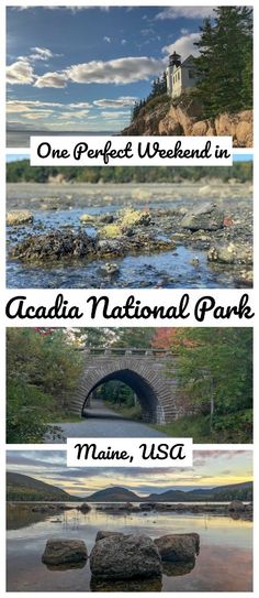 four different pictures with the words canada national park on them and an image of a bridge over water