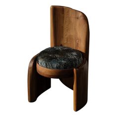 a wooden chair with a black and grey seat pad on it's backrest