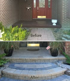 before and after photos of a front porch with steps leading up to the entrance door