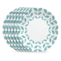 set of six blue and white plates with leaves on the rim, all in different sizes