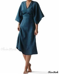 OliviaMark - Elegant V-Neck Solid Color Midi Sleeve Asymmetric Dress Blue Linen Dress, Vintage Long Dress, Sukienki Plus Size, Looks Pinterest, Solid Skirt, Marine Uniform, Elegant Midi Dresses, Elegant Party Dresses, Cotton Linen Dresses