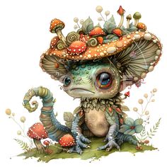 an illustration of a cute little creature with mushrooms on it's head and legs