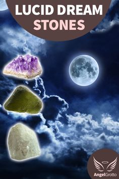 three different colored rocks with the words lucd dream stones above them in front of a full moon