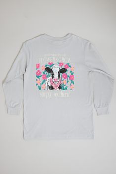 This Simply Southern Youth Long Sleeve Flowers Cow T-Shirt for Girls in White Water is perfect for this Fall weather. This shirt features an adorable graphics, long sleeves, and lightweight construction. Features: Simply Southern Style: YTH-LS-COW-WHITEWATER Color: White Water 100% Cotton Simply Southern Shirts Long sleeves, crew neckline Simply Southern logo tag on hem Simply Southern logo and bow graphic on the left chest On the back: Cow and flower graphic and reads, “consider how the wild flowers grow” with the Simply Southern logo Measurements from size youth small: Length from back shoulder: 23” Chest: 34” Machine wash cold, tumble dry low Kids Simply Southern Shirts, Cute Long Sleeve T-shirt For Spring, Spring Long Sleeve Graphic T-shirt, Spring Funny Print Long Sleeve Tops, Spring Long Sleeve Tops With Funny Print, Spring Long Sleeve T-shirt With Funny Print, Long Sleeve Top With Front Print For Spring, Spring Long Sleeve Top With Front Print, Long Sleeve T-shirt With Text Print For Spring