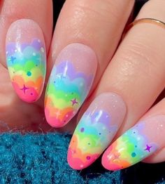 Pastel Rainbow Nails Acrylic, Nails Inspiration Rainbow, Trolls Nails, Nail Art Cute Kawaii, Rainbow Cloud Nails, Pansexual Pride Nails, Candyland Nails, Care Bears Nails, Simple Kawaii Nails