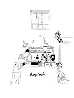 a black and white drawing of a coffee shop