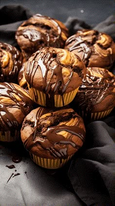 chocolate muffins with drizzled icing sitting on top of each other