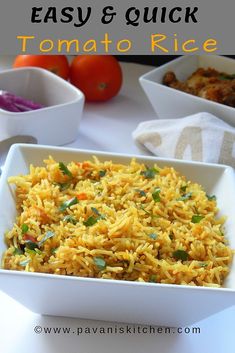 an easy and quick tomato rice recipe in a white bowl