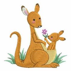 a kangaroo and her baby are sitting on the grass with flowers in their mouth,