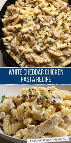 chicken pasta with white cheddar sauce in a skillet and on the side