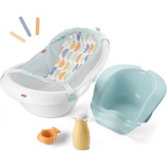 a baby's bathtub and accessories are shown in this image, including an infant seat