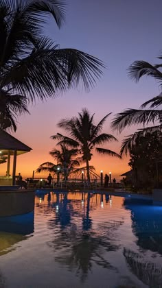 the sun is setting behind palm trees near a swimming pool with blue water in front of it