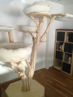 a cat tree in the corner of a room