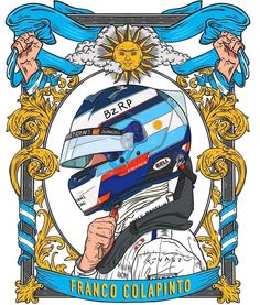 a drawing of a person wearing a racing helmet and holding a sticker in front of their face