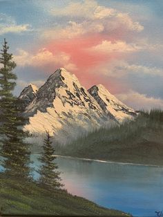 a painting of a snow covered mountain with trees in the foreground and water below