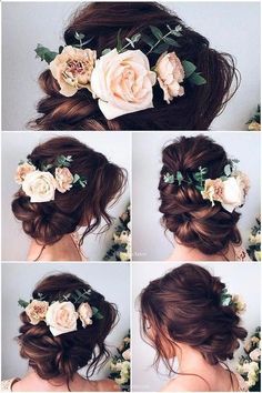 four different pictures of flowers in the hair