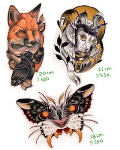 three different tattoos with animals on them and one has an owl, the other is a fox