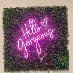 a purple neon sign that says hello gorgeous on the side of a wall covered in green plants