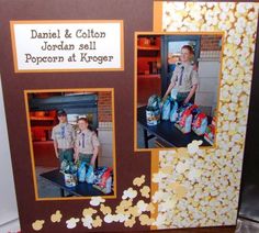 two boys are standing in front of some popcorn