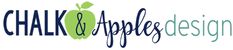 the words chalk and apple designs are in blue, green, and white letters with an apple