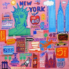 the new york skyline is depicted on a pink background with colorful stickers all over it