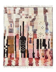 a multicolored rug with fringes on the bottom and an abstract design in black, white, pink, orange